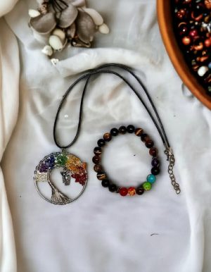 collar Árbol de la vida buho + pulsera 7 chakras