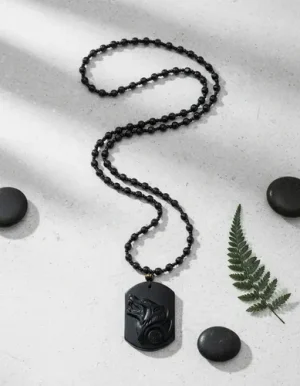 collar obsidiana diseño lobo amuleto hombre mujer
