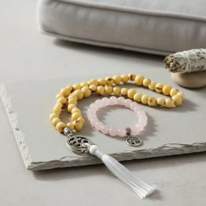 japa mala código sagrado 45 cuentas + pulsera cuarzo rosado