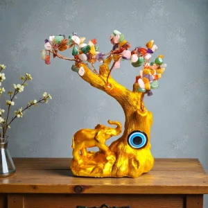Árbol bonsái con elefante y ojo turco base dorado