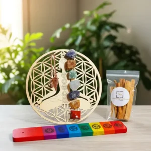 set gema/ 7 chakras + pendulo + tabla madera 20cm dorado