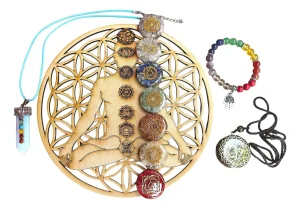 set 7 chakras + tabla madera mdf natural 20 cms