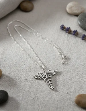 collar alas de angel.caduceo cadena de plata 45 cms