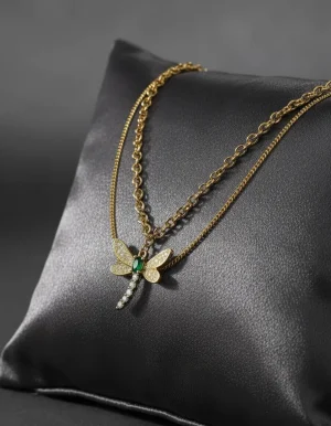 collar gargantilla 36cms diseño libélula circón verde acero