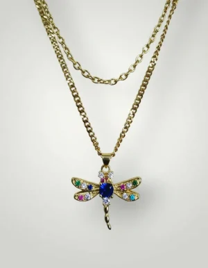 collar gargantilla 42 cms diseño libélula circón azul acero