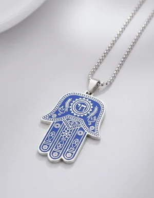 collar mano de fátima azul acero inoxidable 50 cms