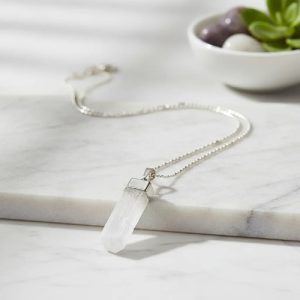 selenita cristal bañada en plata 925 + cadena de 45 cms