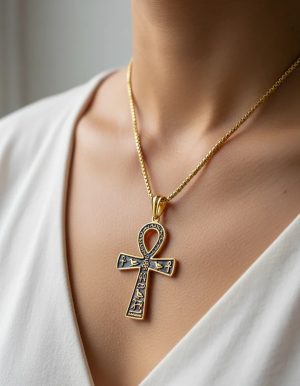 collar cruz de ankh dorado cadena acero inox 60 cms