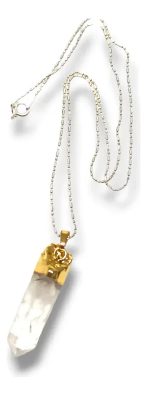 colgante cuarzo cristal chapado en oro cadenaplata 45 cms