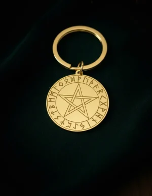 llavero tetragramaton amuleto pentagrama acero inox dorado